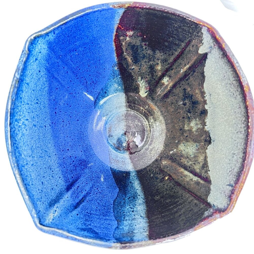 Artisan Signed‎ Studio Pottery Bowl Altered Wheel Thrown Multicolor Drip Glaze A